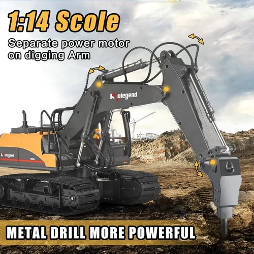 Miniatura 6 de Kolegend excavadora de juguete con control remoto 3 en 1, excavadora RC de escala 1/14, 15 canales, vehículos de construcción de función completa