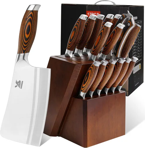 MSY BIGSUNNY Juego de cuchillos de 17 piezas con bloque de madera, juego de cubiertos de acero alemán perfecto regalo
