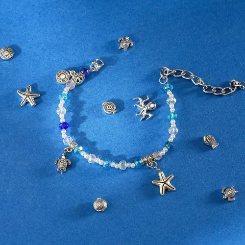 Miniatura 5 de 100 cuentas espaciadoras de plata antigua, cuentas de metal, animales del océano, tortugas marinas, estrellas de mar, peces pequeños, para verano