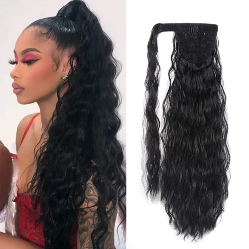 Miniatura 12 de Extensión de cola de caballo con clip de onda de maíz, 22 pulgadas de largo, ondulado, rizado, envolvente, resistente al calor, sintético, postizo