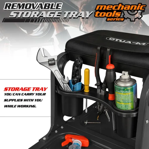 Miniatura 6 de M-AUTO Asiento de rodillo para garaje, taburete de taller mecánico resistente con bandeja para herramientas y estante para equipos, asiento