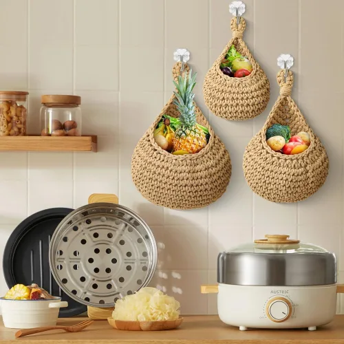 Miniatura 4 de Cesta colgante de frutas para cocina, cesta de frutas para colgar en la pared, cesta de frutas y verduras tejida a mano, cesta colgante de yute
