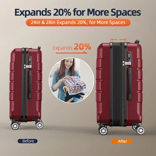 Miniatura 4 de SHOWKOO Equipaje PC+ABS Durable Expandible Hardside Maleta con Doble Spinner Ruedas TSA Lock, Rojo vino