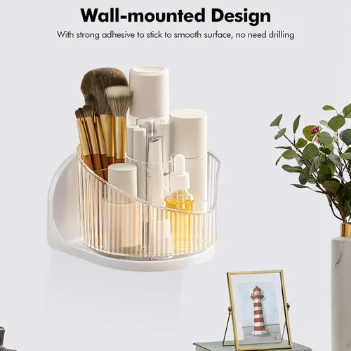 Miniatura 2 de Poeland Organizador de brochas de maquillaje montado en la pared, soporte de maquillaje giratorio 360 con 6 compartimentos para productos de cuidado