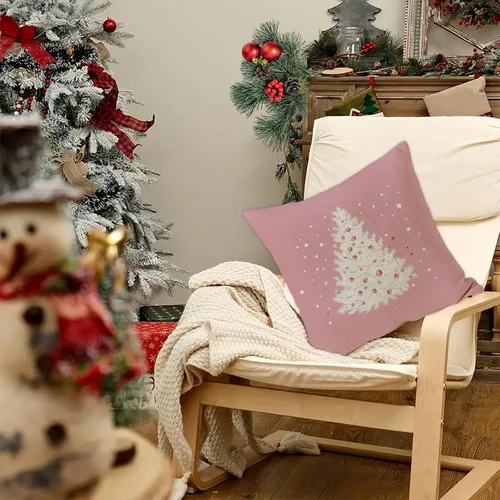 Miniatura 4 de GOOESING Fundas de almohada de Navidad de 18 x 18 pulgadas, color rosa con árbol de Navidad, funda de cojín para sofá, decoración del hogar