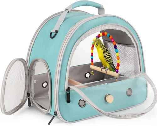 Miniatura 13 de Jaula portátil de viaje para loros con juguete pequeño oscilante y jaula, juego de juguetes coloridos para pájaros pequeños, bolsa de periquito