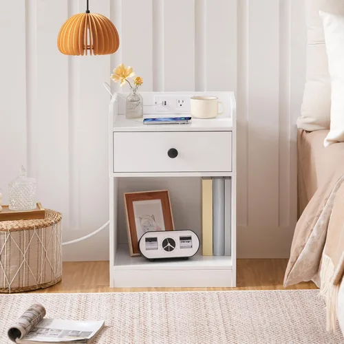 Miniatura 8 de HOOBRO Mesita de noche con estación de carga, mesa auxiliar con cajón y estante de apertura, mesita de noche con puertos USB y tomas, mesita