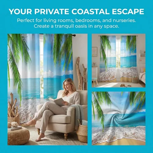 Miniatura 2 de Cortinas opacas de playa con hojas de palmera tropicales, 2 paneles de 84 pulgadas de largo, para dormitorio, sala de estar, guardería, 52 x 84