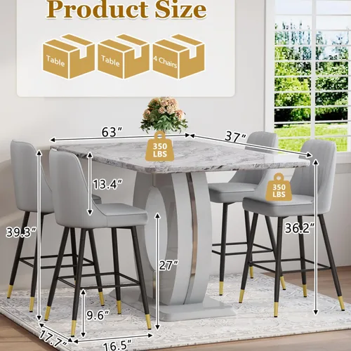 Miniatura 2 de Juego de mesa de comedor de mármol de 63 pulgadas para 6, moderno juego de mesa de comedor de altura de mostrador, mesa alta gris con taburetes