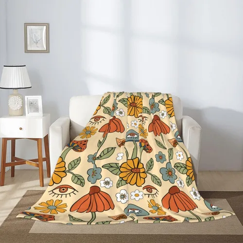 Miniatura 8 de Manta de hongos florales retro de los años 70, mantas suaves de franela para cama, acogedora y ligera, regalos de felpa para mujeres, hombres
