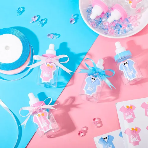Miniatura 5 de 162 piezas de revelación de género para baby shower, 48 mini botellas de leche de plástico para bebé, 48 mini chupetes de plástico, 64 calcomanías