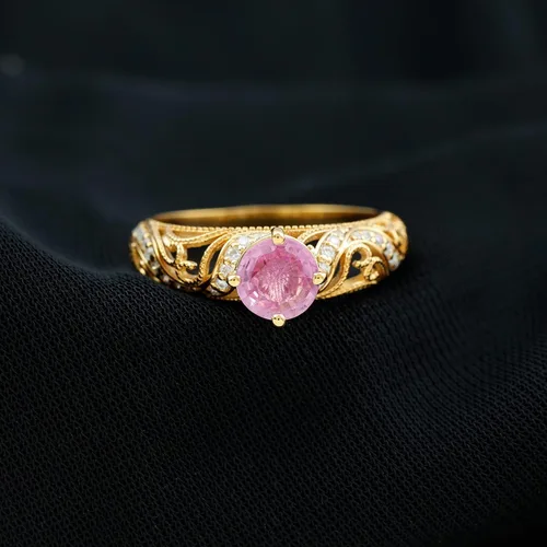 Miniatura 12 de Anillo de compromiso redondo de zafiro rosa cultivado en laboratorio certificado con diamante Calidad AAAA Anillo de estilo vintage para mujer