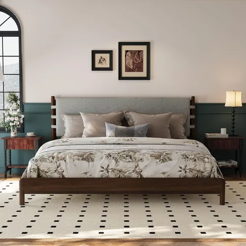 Miniatura 8 de Moderno juego de base de cama Queen con 2 mesitas de noche, cama de plataforma de madera beige con cabecero y mesitas de noche a juego