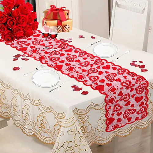 Miniatura 6 de JOYFISCO Camino de mesa para decoración del día de San Valentín, camino de mesa de encaje con corazón rojo para bodas, decoraciones de San Valentín