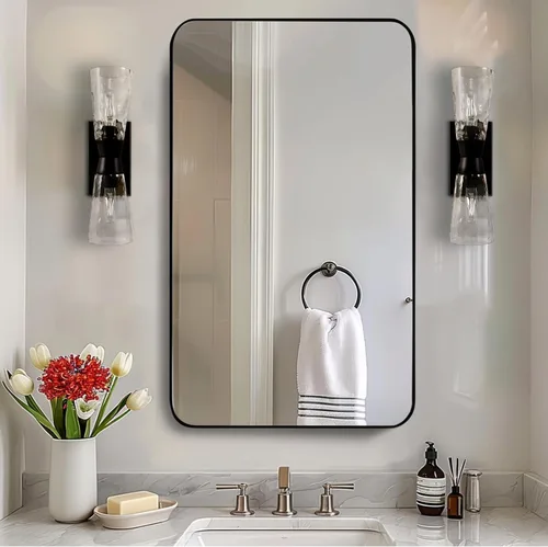Miniatura 42 de ANDY STAR Espejo cromado para baño, espejo de pared con marco de metal de 22 x 30 pulgadas, espejo rectangular de acero inoxidable con esquina
