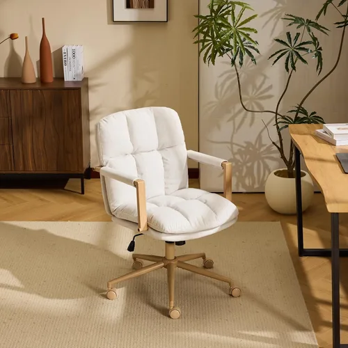 VINGLI Silla de escritorio de lino cómoda con ruedas y cojines desmontables y reposabrazos tipo madera, silla giratoria pequeña para computadora y