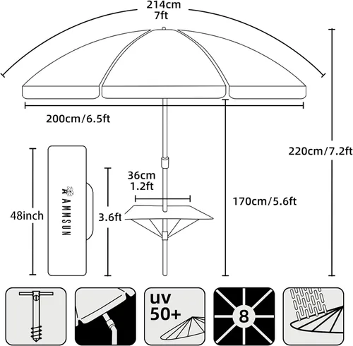 Miniatura 9 de AMMSUN - Sombrilla de playa de 7 pies resistente a fuertes vientos con ancla de arena, bandeja de mesa incorporada, poste de inclinación