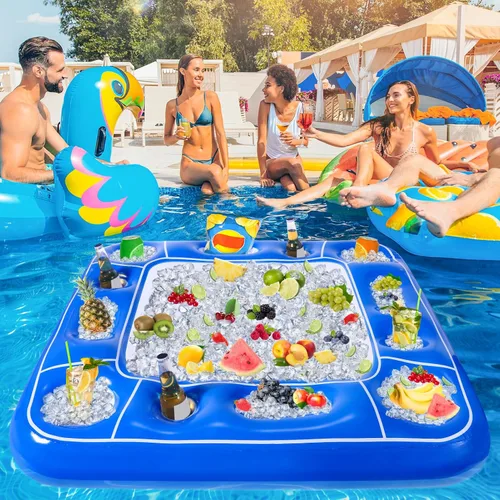 Miniatura 5 de Mesa de juego inflable para piscina con cartas impermeables (35.5 x 35.5 pulgadas, azul/blanco)