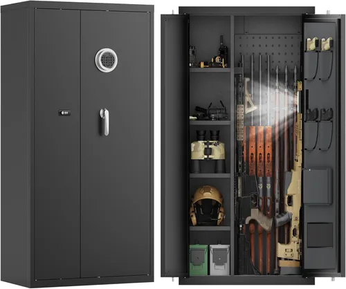 Eltean Caja fuerte grande para pistolas y rifles y pistolas para el hogar, gabinete de armas con doble espacio de almacenamiento y estantes