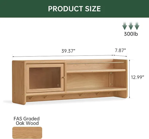 Miniatura 2 de Armario de pared 100% madera maciza, armario de pared de 39.4 pulgadas con puertas de vidrio templado y estantes ajustables y 5 ganchos, armario