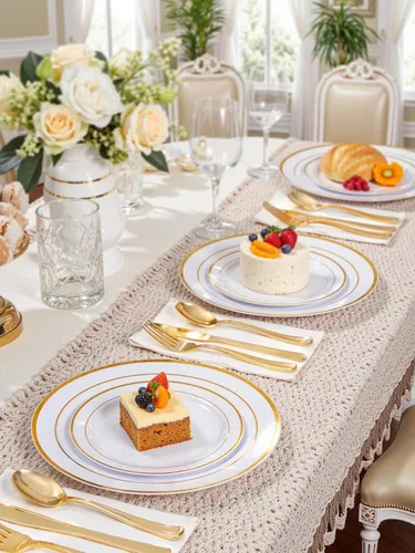 Miniatura 7 de WDF 120 platos de plástico desechables dorados, platos blancos y dorados, incluyen plato llano y plato de ensalada para fiestas, baby shower, boda