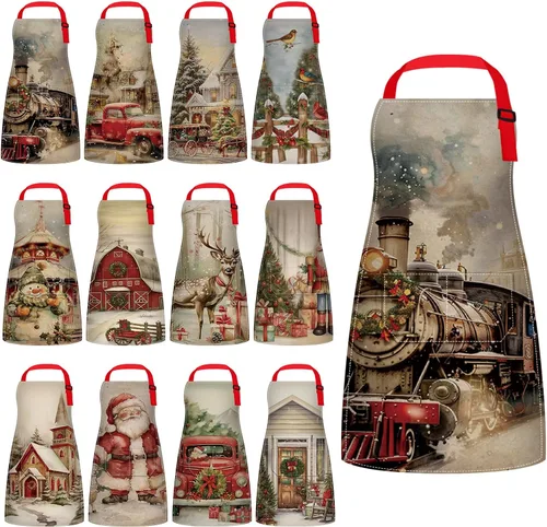 Miniatura 11 de 12 piezas de delantales de Navidad a granel, divertidos delantales ajustables con bolsillos, vintage, delantales de cocina de Navidad para hornear