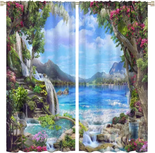 Miniatura 52 de Cortina opaca de bosque de verano, diseño de ramas de bosque, con bolsillo para barra, cortinas farbic con bolsillo para barra, comedor, cafetería