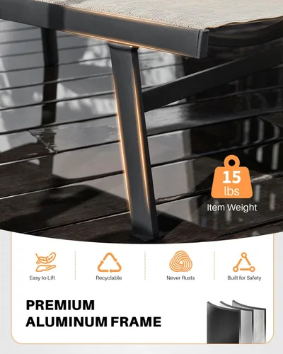 Miniatura 5 de Tumbona para exteriores, silla de aluminio nunca oxidada para patio, silla de piscina de textileno de doble capa con respaldo ajustable de 6