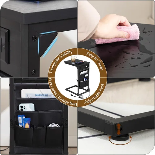 Miniatura 7 de AMHANCIBLE - Mesa auxiliar en forma de C con estación de carga, juego de bandeja para TV de 2 piezas, mesas de sofá con bolsa de almacenamiento
