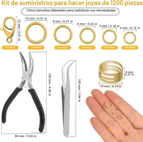 Miniatura 3 de Anezus Juego de 1200 anillos de salto para hacer joyas, oro, suministros de fabricación de joyas y reparación de collares, estilo moderno