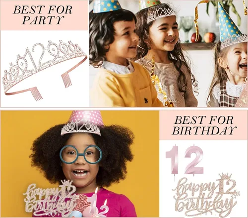 Miniatura 6 de Decoraciones de cumpleaños de 12 años para niñas, que incluyen adorno para pastel de 12 años, banda de reina del cumpleaños con alfiler de perla
