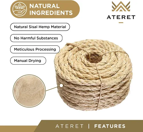 ATERET Cuerda de sisal I Cuerda de sisal trenzada de fibra natural I 3/4 pulgadas x 600 pies, cuerda multiusos, ligera, resistente a la intemperie