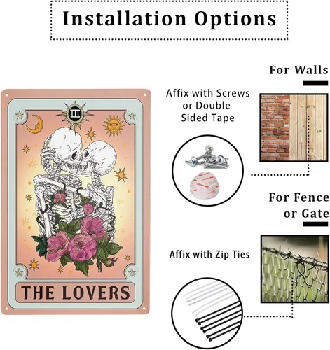 Miniatura 4 de Giwawa Kissing Lover Tarjeta de tarot de metal con diseño de calavera rosa retro de 12 x 8 pulgadas, decoración de pared, sol, luna, flor, floral