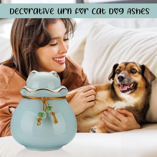 Miniatura 6 de SOITIS Urna conmemorativa para mascotas para cenizas de gato o perro, 3.54 x 3.15 pulgadas, elegante recuerdo de cerámica con tapa en forma de gato