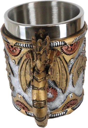 Miniatura 6 de Ebros Gift Fantasía Golden Steampunk Cyborg Dragón robótico en viaje a la luna Cerveza Stein Tankard Taza de café Calabozos y Dragones Victoriano