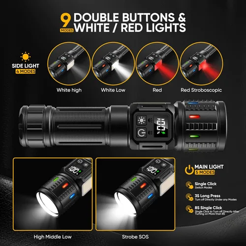 Miniatura 3 de Linternas recargables de alto lúmenes 10000, luz LED súper brillante de larga duración, pantalla LCD USB C de larga duración, fuente de luz Daul