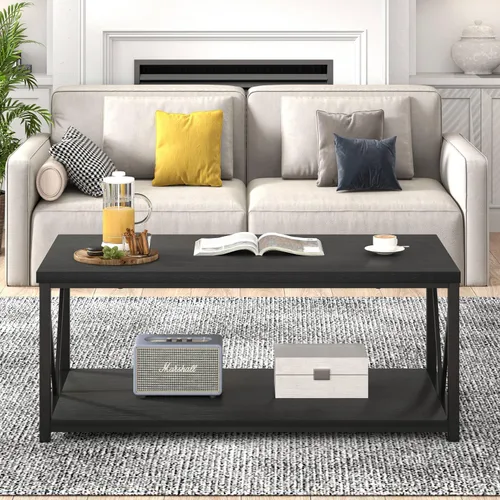 Miniatura 7 de EXCEFUR Mesa de centro pequeña, mesas modernas para sala de estar con estante de almacenamiento, mesa central rectangular de madera rústica, mesa