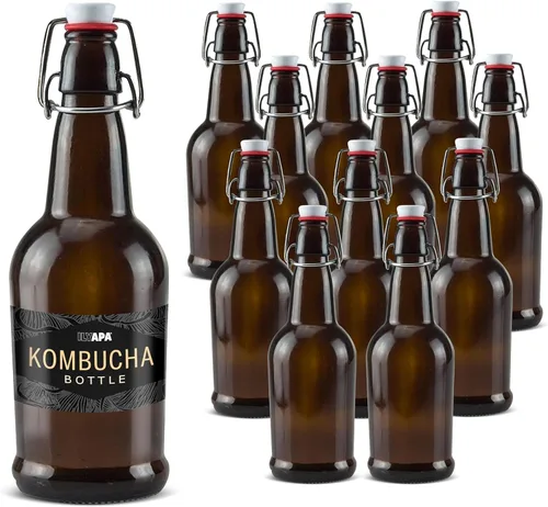 Ilyapa Botellas de vidrio de 16 onzas con tapa abatible, color ámbar, paquete de 12 con tapa hermética, para elaboración casera, kombucha,