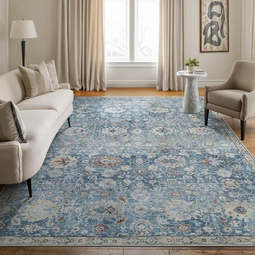 Miniatura 34 de Bloom Rugs Caria Alfombra Lavable Antideslizante de 7 pies - Azul/Carbón Alfombra Tradicional para Entrada, Pasillo, Baño y Cocina - Tamaño Exacto