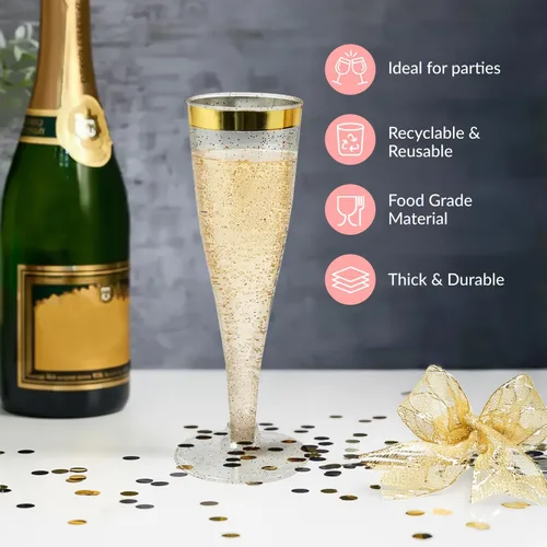 Miniatura 5 de Prestee 48 Copas de Champán de Plástico Desechables con Borde Dorado con Purpurina - Vasos Transparentes para Brindis de Mimosa, Fiesta de Año Nuevo