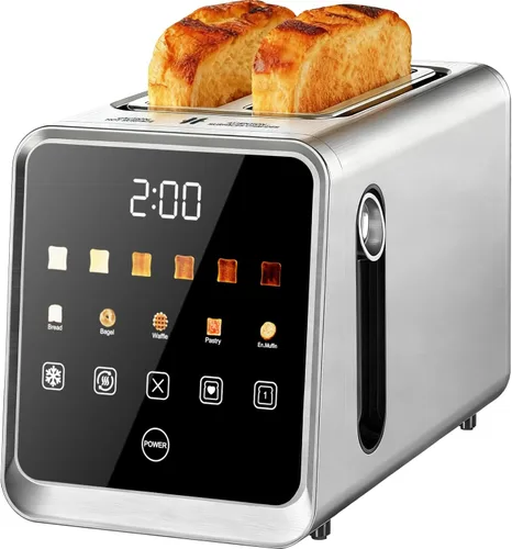 Tostadora de pantalla táctil de 2 rebanadas, tostadoras digitales inteligentes de acero inoxidable con tostada de una sola ranura, función de