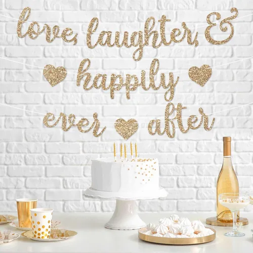 Miniatura 6 de Cartel preencordado con texto en inglés "Love Laughter & Happily Ever After", "No hazlo tú mismo" – Cartel dorado con purpurina para despedida