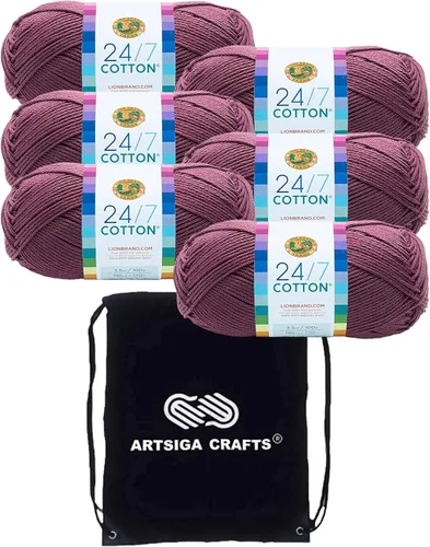 Miniatura 10 de Lion Brand 24/7 Algodón Rosa 761-101 (3 carretes - mismo lote de tinte) Hilado medio #4 de algodón para crochet y tejer con bolsa de proyecto