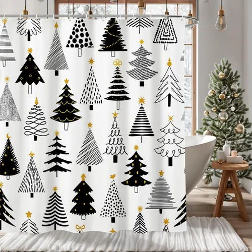 MEHOFOND Cortina de Ducha de Navidad Árbol de Navidad Negro y Dorado Cortina de Ducha de Pino de Invierno Patrón Festivo de Navidad para Decoración