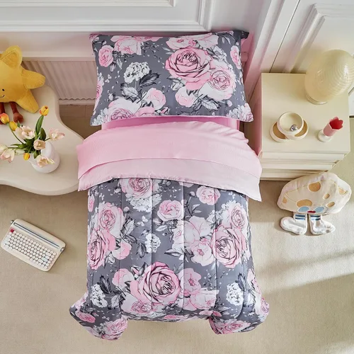 Miniatura 5 de Juego de ropa de cama gris de 4 piezas para niños y niñas, flores rosas ultra suaves con hojas blancas en una bolsa, juego de edredón, sábana
