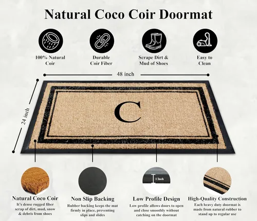 Miniatura 3 de A1 Home Collections Felpudo con monograma de fibra de coco natural y goma, resistente y antidesprendimiento, tapete de entrada grueso y duradero, C
