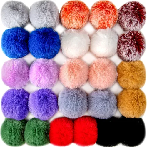 Miniatura 10 de BQTQ 26 piezas pompones de piel sintética de conejo pelotas pom pom negras pompones esponjosos con lazo elástico manualidades para sombreros