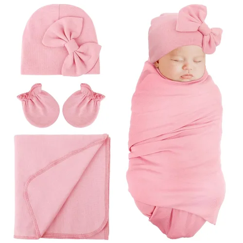 DRESHOW BQUBO - Conjunto de guantes de algodón para recién nacido, manta cálida para bebé, saco de dormir para bebé, regalo de ducha 1 juego liso: