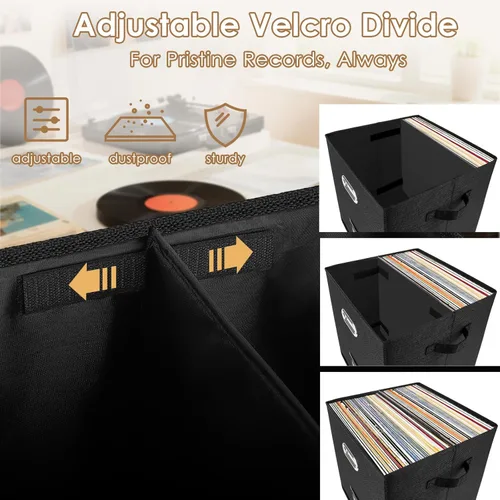 Miniatura 4 de Juego de 2 cajas de almacenamiento de discos de vinilo, para más de 100 LPs individuales (12 pulgadas), caja apilable de lino con tapa, soporte