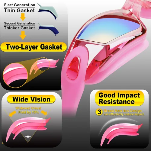 Miniatura 3 de Gafas de natación, paquete de 2 gafas de natación para adultos, hombres, mujeres, jóvenes, niños Blanco/Rosa (espejo).